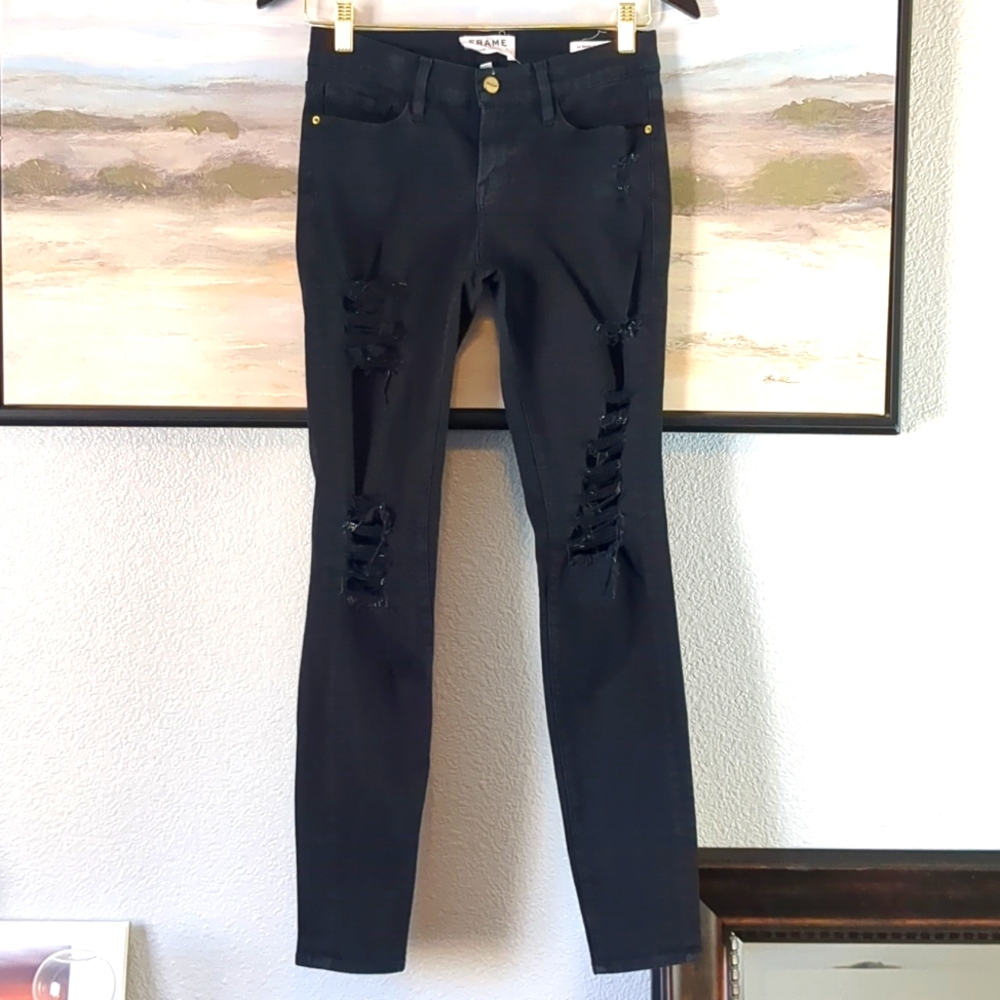 Frame Denim Black Distressed Le Skinny De Jeanne Skinny Jean Size 26